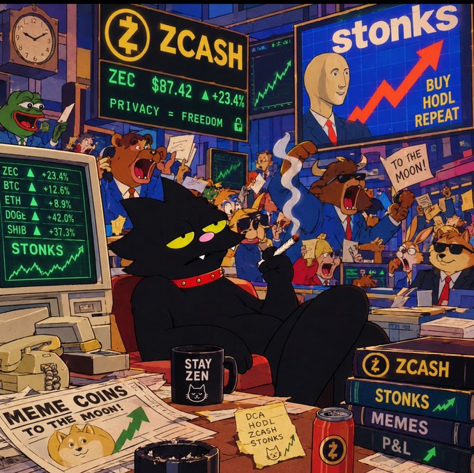 An illustrated meme-style image of a black cat smoking in a chaotic trading office with screens showing ZCASH at $87.42 (+23.4%) and meme stocks "stonks" going up.