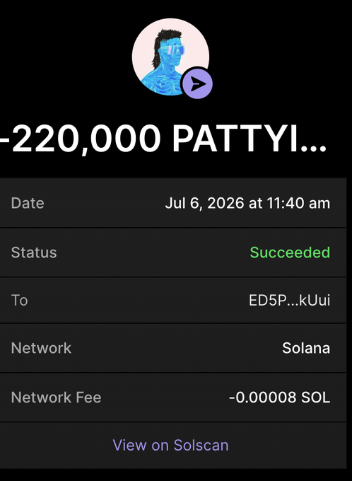 A crypto transaction confirmation showing a transfer of approximately -220,000 PATTY tokens on the Solana network on July 6, 2026, sent successfully to address ED5P...kUui with a minimal network fee of 0.00008 SOL. The image serves as proof of the "stimmy" sent to @visionsXBT, supporting the post's claim of sending a gift to someone who has been actively helping others in the crypto community.