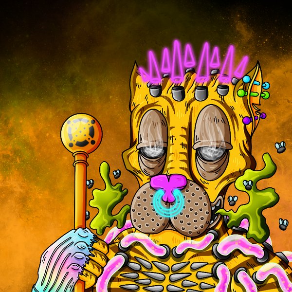 The image features a cartoon character with a yellow body, brown hair, and a crown of spikes on its head. The character has a stick in one hand and a sword in the other. It appears to be wearing a crown made out of sticks or bones. The character is surrounded by various objects such as a ball, a banana, and a flower. The post congratulates the buyer and seller for the sale of this unique cartoon character.