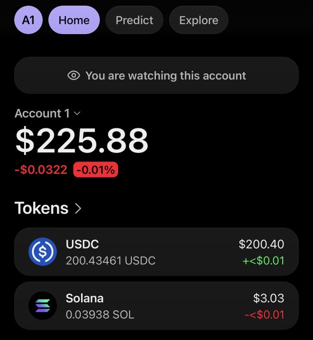 A cryptocurrency portfolio screen showing Account 1 with a total balance of $225.88 (-0.01%), holding USDC ($200.40) and Solana ($3.03), with navigation tabs for Home, Predict, and Explore.