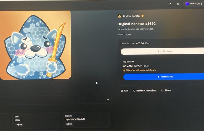 An OpenSea NFT listing page showing 'Original Kanstar #1692' valued at 140.03 WRON with an instant sell option.