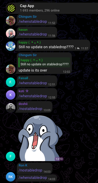 A Telegram chat from "Cap App" (1,693 members, 296 online) shows users repeatedly spamming "/whenstabledrop" and "/nostabledrop" commands, with the dramatic penguin meme reacting in shock at 13:10. The image humorously illustrates the community's daily ritual of demanding the long-awaited stablecoin airdrop update, perfectly capturing the "announcing" moment teased in the post about CAP's second phase airdrop finally being on the agenda.