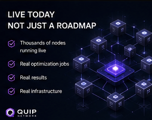 The image features a poster with a purple background, featuring a network of cubes connected by lines. The text "Live Today" is written at the top of the poster, while the phrase "Not just a roadmap" is displayed below it. Below this, there are four bullet points explaining how @quipnetwork approaches adoption and migration:
1. There's something practical about the way @quipnetwork approaches adoption No pressure for immediate migration No forcing ecosystem wide changes Just creating optional protection pathways that can grow over time.
