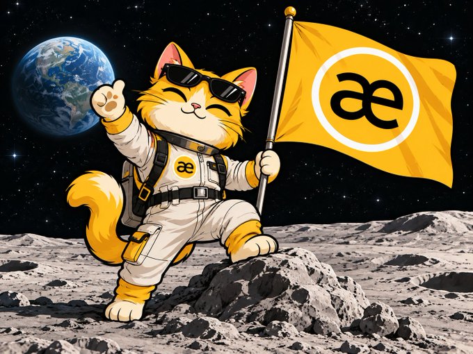 An illustration of an orange cat in an astronaut suit planting a yellow flag with an 'ae' logo on the moon, with Earth visible in the background.