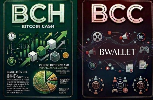 Two promotional graphics are displayed side-by-side, advertising 'BCH BITCOIN CASH' on the left in green, and 'BCC BWALLET' on the right in red.