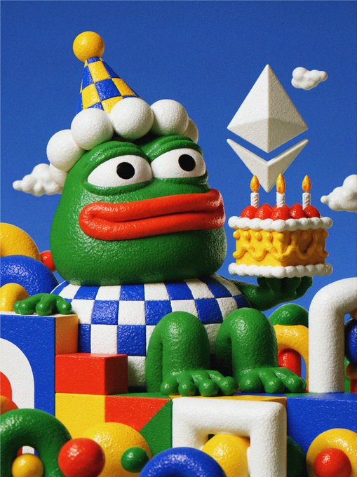 3D-rendered green frog character wearing a blue-and-yellow party hat, sitting among colorful blocks and holding a birthday cake with the Ethereum logo floating above it.