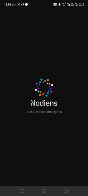 Mobile app splash screen displaying the 'Nodiens' logo and the text 'Unified market intelligence' on a black background.