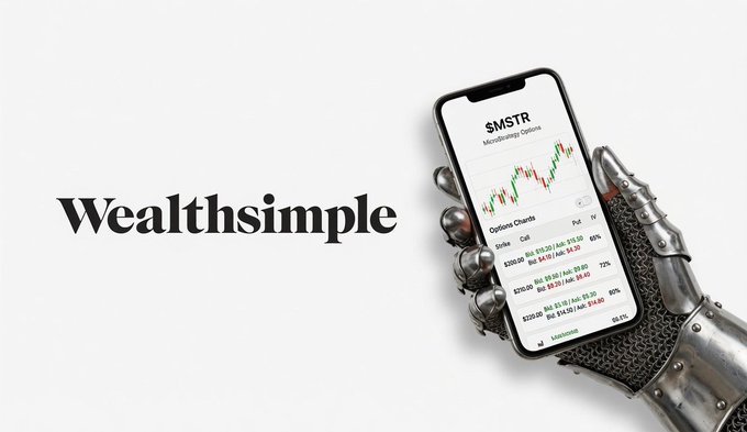 A metallic robotic hand holds a smartphone displaying Wealthsimple's options trading interface with an $MSTR candlestick chart showing call options at strike prices of $200, $215, and $223, paired with the Wealthsimple logo—visually conveying the user's frustration that all $MSTR options trades aren't available on the platform they wish to use.