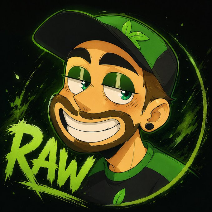 A cartoon avatar of a bearded man wearing a green and black cap with a leaf logo, featuring the bold text "RAW" on the left side, likely a custom profile picture or fan-made art for the user @RawDogg209. The accompanying post mentions manifesting a first win, suggesting the image was created as supportive fan art to celebrate that milestone.