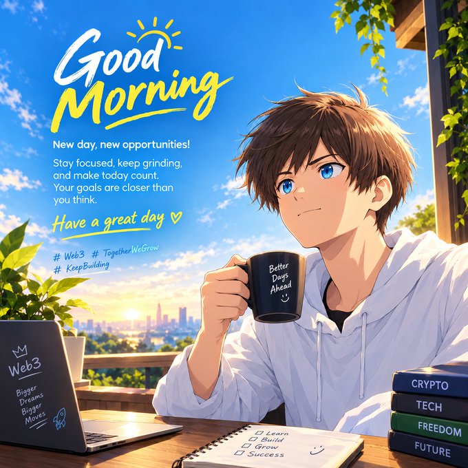 An anime-style 'Good Morning' illustration features a brown-haired boy holding a mug reading 'Better Days Ahead', surrounded by motivational text, hashtags like #Web3 and #TogetherWeGrow, and stacked books labeled 'CRYPTO', 'TECH', 'FREEDOM', and 'FUTURE'.