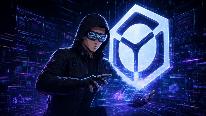 A digital illustration of a hooded figure wearing futuristic visors interacting with a glowing blue hexagonal holographic interface in a tech-themed environment.