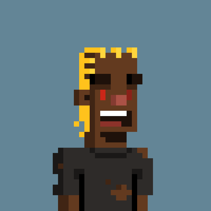 A pixel art portrait of a person with dark skin, blonde/yellow hair, and red eyes wearing a black shirt against a blue background.