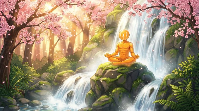 A vibrant anime-style illustration of a golden meditating figure sitting on a rock by a waterfall, surrounded by cherry blossom trees and lush greenery.