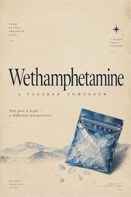 A satirical advertisement styled like a vintage poster for 'Wethamphetamine - A Clearer Tomorrow', depicting a bag of crystal-like substance with text including 'Not just a high — a different perspective.' and 'HIGHER, BRIGHTER, YOURS'.
