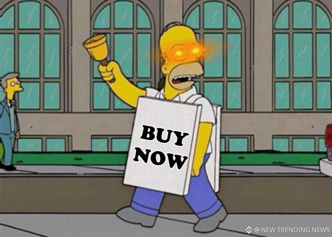 A Simpsons character (Homer) edited to have glowing eyes, holding a 'BUY NOW' sign, with the watermark '@NEW TRENDING NEWS'.