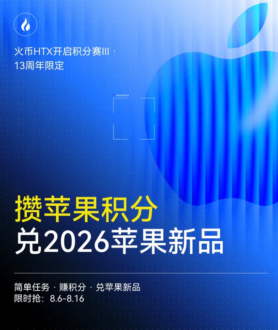 A promotional poster for Huobi HTX's "Points Competition III" 13th Anniversary event features a large blue Apple logo against a gradient blue background, with Chinese text reading "攒苹果积分 兑2026苹果新品" (Collect Apple points to redeem 2026 Apple new products) and details about simple tasks to earn points for redeeming iPhone Ultra, iPhone 18 Pro Max, and iPad Pro from August 6-16.