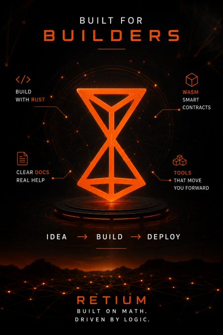 A futuristic orange and black promotional poster for 'RETIUM' with the headline 'BUILT FOR BUILDERS', featuring an hourglass-shaped logo and listing features like 'BUILD WITH RUST', 'WASM SMART CONTRACTS', and 'CLEAR DOCS REAL HELP'.