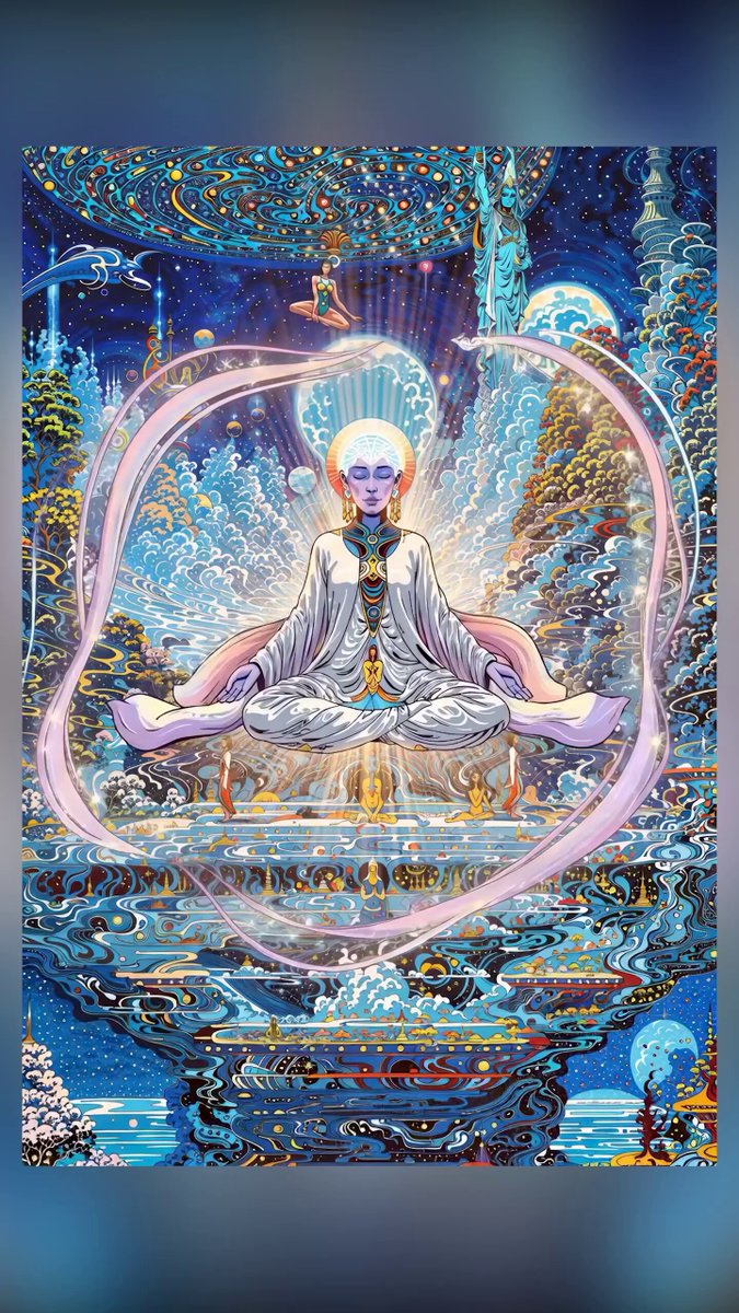 The image features a painting that depicts a woman sitting cross-legged, surrounded by various elements such as trees, mountains, and a river. The painting has a blue background with white stars scattered throughout, creating an ethereal atmosphere. The artist's signature is visible in the bottom right corner of the artwork. The post also mentions that the image is related to the concept of "The Light of Self-Awareness" by GM with the Light of Self-Awareness 1/1.