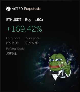 A cryptocurrency trading app screen from 'ASTER Perpetuals' shows an ETHUSDT buy position with 150x leverage and a profit of '+169.42%', accompanied by a 'JGFEDL' referral code and a Pepe the Frog meme.