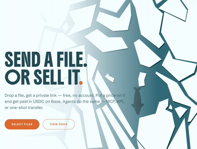 The image shows a promotional graphic for a file-sharing/monetization platform with the bold headline "SEND A FILE. OR SELL IT." alongside subtext explaining that users can drop a file to get a private link for free, or set a price to be paid in USDC on Base via MCP, API, or one-shot transfer, with "SELECT FILES" and "VIEW DOCS" buttons. The graphic features a fractured/geometric design with a blue-tinted silhouette of a person among shattered shapes, visually reinforcing the post's theme of "Payaion" using decentralized storage on Walrus and Sui to bypass traditional servers like AWS, turning privacy into core infrastructure rather than an afterthought.