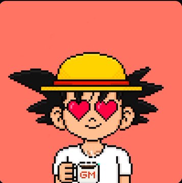 A pixel art avatar of a character with messy black hair wearing a straw hat, heart-shaped sunglasses, and a white shirt with 'GM' written on it.