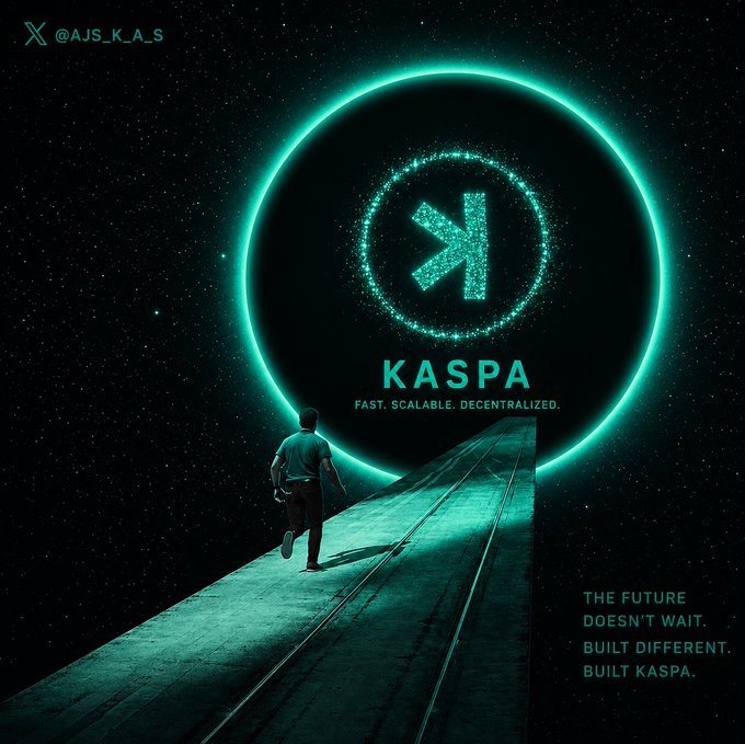 The image features a man walking down a path that leads towards a large, glowing circle or globe. This circular object serves as a backdrop for the text "KASPA" written below it. The caption of the image reads "Focus on what is in the image and how it relates to the post".