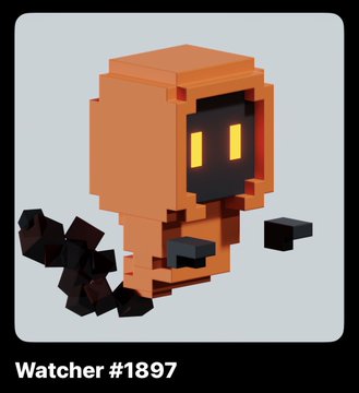 A pixelated, voxel-style 3D render of an orange hooded figure with glowing yellow eyes, labeled 'Watcher #1897' at the bottom of the image.