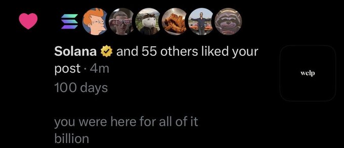 A screenshot of a social media post showing 'Solana' and 55 others liked a post, with the text '100 days' and 'you were here for all of it billion' displayed below profile pictures of various meme characters.