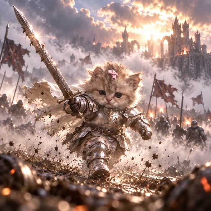 A digitally rendered fantasy scene featuring a small kitten wearing ornate knight's armor and wielding a sword, standing amid a muddy battlefield with a castle burning in the background.