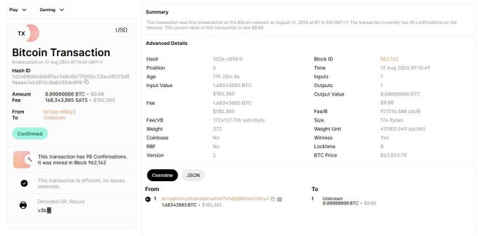 A blockchain explorer screenshot showing a Bitcoin transaction with Hash ID fd2e-d9900, broadcast on August 12, 2024, detailing inputs, outputs, and a network fee of $0.80.