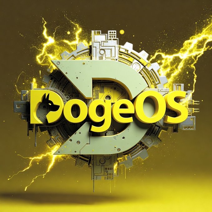 A vibrant 3D-rendered logo for 'Dogeos' features bold yellow text with a Shiba Inu dog silhouette set against a mechanical, circuit-like sphere with electric yellow lightning effects.