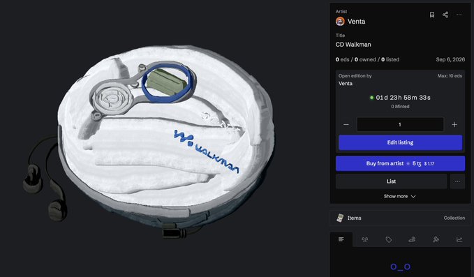 An OpenSea NFT listing page shows a 3D artwork titled 'CD Walkman' by artist Venta, priced at 6 ETH, with 01d 23h 58m 33s remaining.
