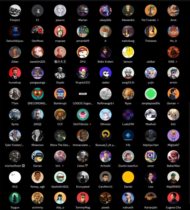 A grid of social media user profile pictures displayed on a dark background, featuring diverse avatars with usernames including Florject, paurcs, Marian, Alexandre, Jokerk, and dozens of others arranged in rows.