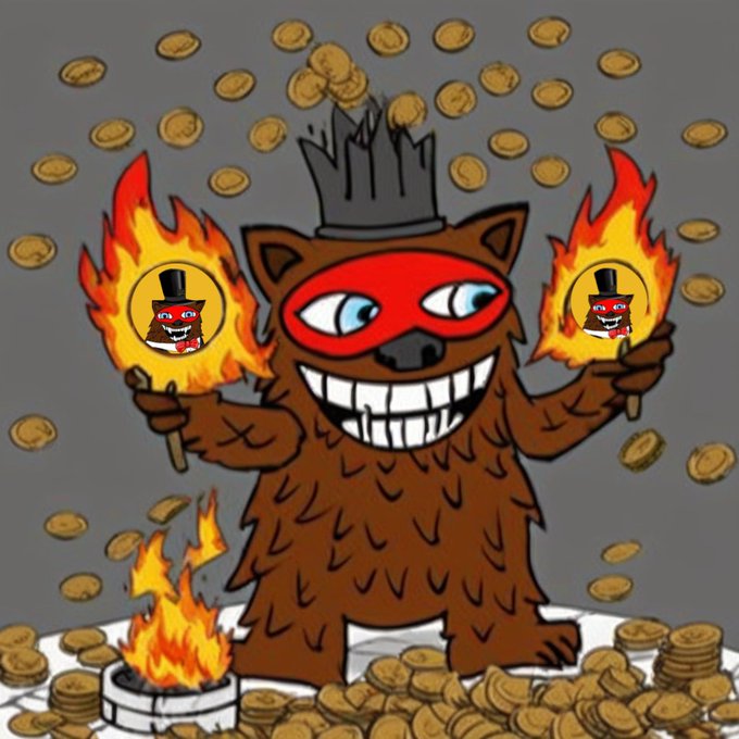A cartoon illustration of a grinning brown furry creature wearing a top hat and red mask, holding flaming torches with smaller faces in them, surrounded by falling gold coins.