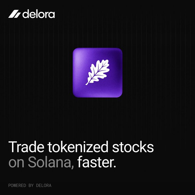 The image features a Delora-branded promotional graphic with a purple app icon containing a white oak leaf, set against a dark background. The text reads "Trade tokenized stocks on Solana, faster," with "POWERED BY DELORA" noted at the bottom, directly reinforcing the accompanying post's announcement that Blad has integrated Delora to enable 24/7 tokenized stock trading on the Solana blockchain.