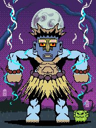 A pixel art illustration of a multi-armed, blue-skinned figure with three faces standing in front of a purple moon, holding a green face, surrounded by teal lightning bolts.
