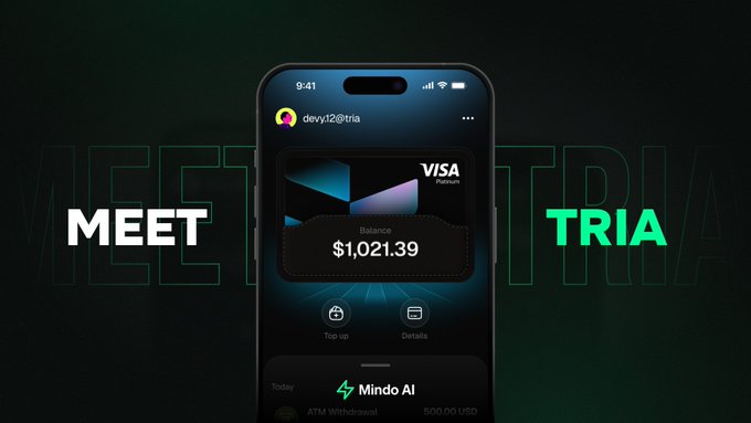 The image shows an iPhone displaying text that reads "meet Tria" followed by a price of $21.39, suggesting that someone may be trying to sell or use a particular cryptocurrency called @useTria. The background of the image is dark green, and there are two texts placed below this one – "@useTria", which is an identifier for the cryptocurrency being discussed, and "long term value". These texts indicate that the user might have an interest in using cryptocurrency long-term rather than focusing on short-term price fluctuations. The overall setting of the image suggests a conversation about or related to cryptocurrency usage, with users discussing its potential benefits and uses over time.