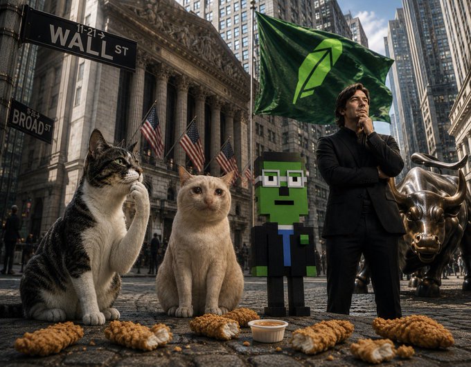 A man in a black suit strikes a confident pose alongside two cats, a pixelated Frankenstein-like figure, and the iconic Wall Street Charging Bull statue, with a green flag bearing the Robinhood logo waving behind them amid Wall St and Broad St signs. The scene's playful assortment of treats on the cobblestones and the triumphant green flag tie into the bullish "GOOD MORNING BULLS" sentiment, capturing a quirky celebration of market optimism at the heart of American finance.