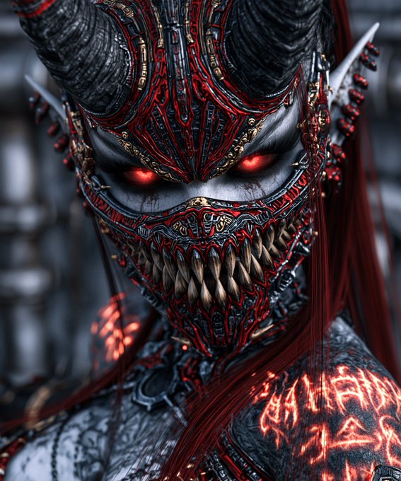 A detailed digital artwork of a demonic figure wearing an ornate red and black horned mask with glowing red eyes and sharp teeth.
