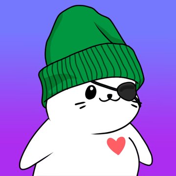 A cartoon illustration of a white seal-like character wearing a green beanie and an eye patch, with a red heart on its chest, against a purple gradient background.
