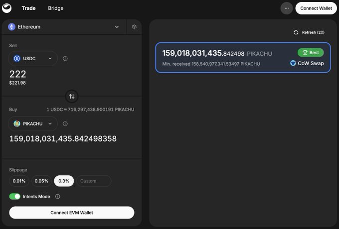 A dark-themed cryptocurrency swap interface showing a trade of 222 USDC for approximately 159 billion PIKACHU tokens on Ethereum, with options for slippage (0.01%, 0.05%, 0.3%, Custom), a 'Best' CoW Swap quote highlighted in blue, and a 'Connect Wallet' button.