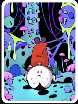 A colorful cartoon-style illustration of a small character with a red hood standing on a large bubble in a vibrant, surreal landscape filled with neon green, purple, and blue organic shapes.