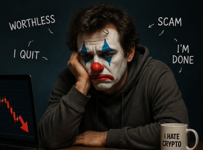 A man wearing sad clown makeup rests his head on his hand in front of a laptop displaying a downward red trend chart, surrounded by text including 'WORTHLESS', 'I QUIT', 'SCAM', 'I'M DONE', and a mug reading 'I HATE CRYPTO'.