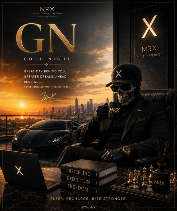 A skull-faced figure in a black suit and "X" cap sits beside a luxury sports car and laptop, holding an "MRX" mug against a sunset cityscape, with bold text reading "GN GOOD NIGHT," "MRX BUILT DIFFERENT," and motivational phrases like "DISCIPLINE EXECUTION FREEDOM" and "SLEEP. RECHARGE. RISE STRONGER." along with the handle "@TheMrX."

The image's "good night" theme and motivational "discipline, execution, freedom" messaging loosely echo the post's "GN" sign-off and closing-night reflection on QuipNetwork's infrastructure progress, though the ad itself is an MRX brand graphic unrelated to the quantum network discussion.