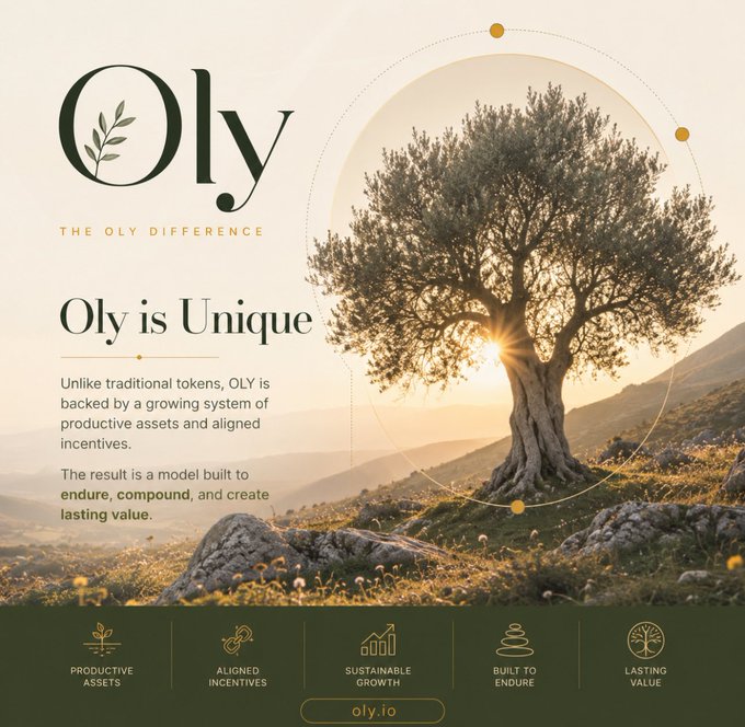 A promotional poster for 'Oly' with the tagline 'THE OLY DIFFERENCE' and 'Oly is Unique', featuring a scenic image of a tree at sunset and listing values: Productive Assets, Aligned Incentives, Sustainable Growth, Built to Endure, Lasting Value (oly.io).