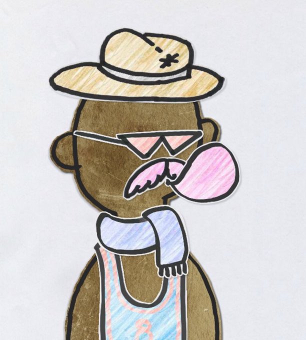 A hand-drawn cartoon cutout of a man with dark skin, wearing a tan safari-style hat, pink sunglasses, a blue scarf, and a striped tank top, accessorized with a large pink bubblegum bubble. The whimsical, cut-out collage style complements the post's playful, bold caption about going all-in — much like the character appears overdressed and over-the-top for the occasion.