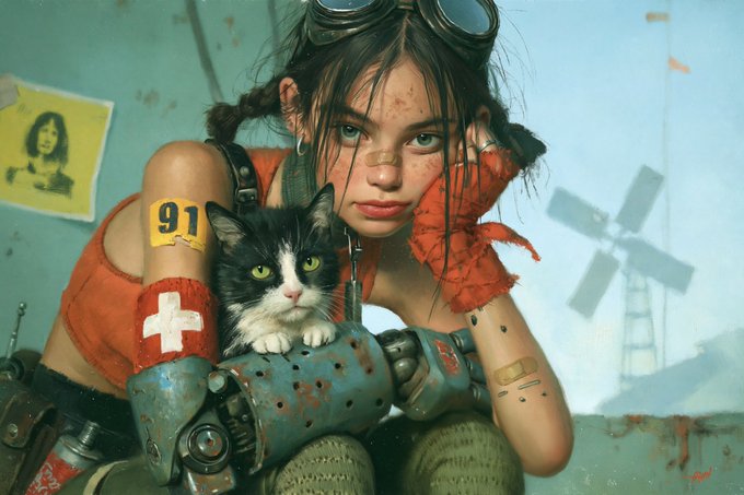 A digital illustration depicts a young girl with braids, goggles on her head, a robotic arm, and face dirt holding a black and white cat, set against a backdrop of a windmill and a torn poster.
