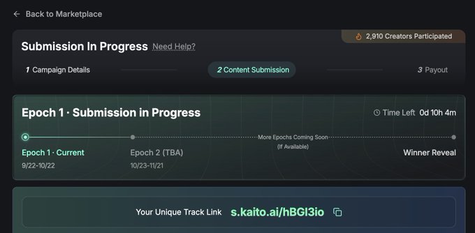 A dark-themed campaign submission page shows “Submission In Progress,” with progress steps for “Campaign Details,” “Content Submission,” and “Payout.” The current epoch is “Epoch 1 · Current,” and a unique track link reads “s.kaito.ai/hBG13o.”