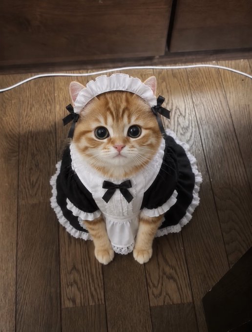 An orange tabby cat wearing a black and white frilly maid dress with a matching headband, sitting on a wooden floor and looking directly at the camera.
