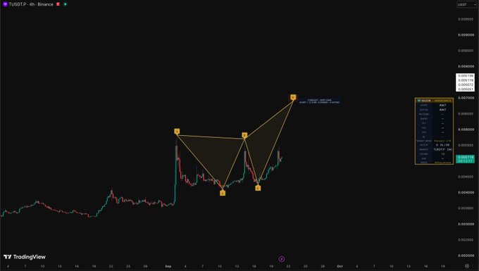 A TradingView 4-hour candlestick chart for the USDTP/USDT trading pair on Binance shows a harmonic pattern overlay with XABCD points marked, displaying price levels on the right axis around 0.002800-0.003800.